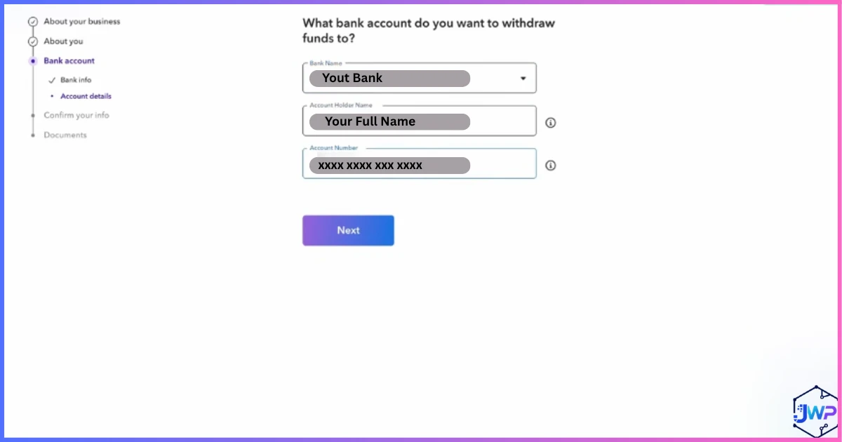 Payoneer enter details of bank account to withdraw to screen