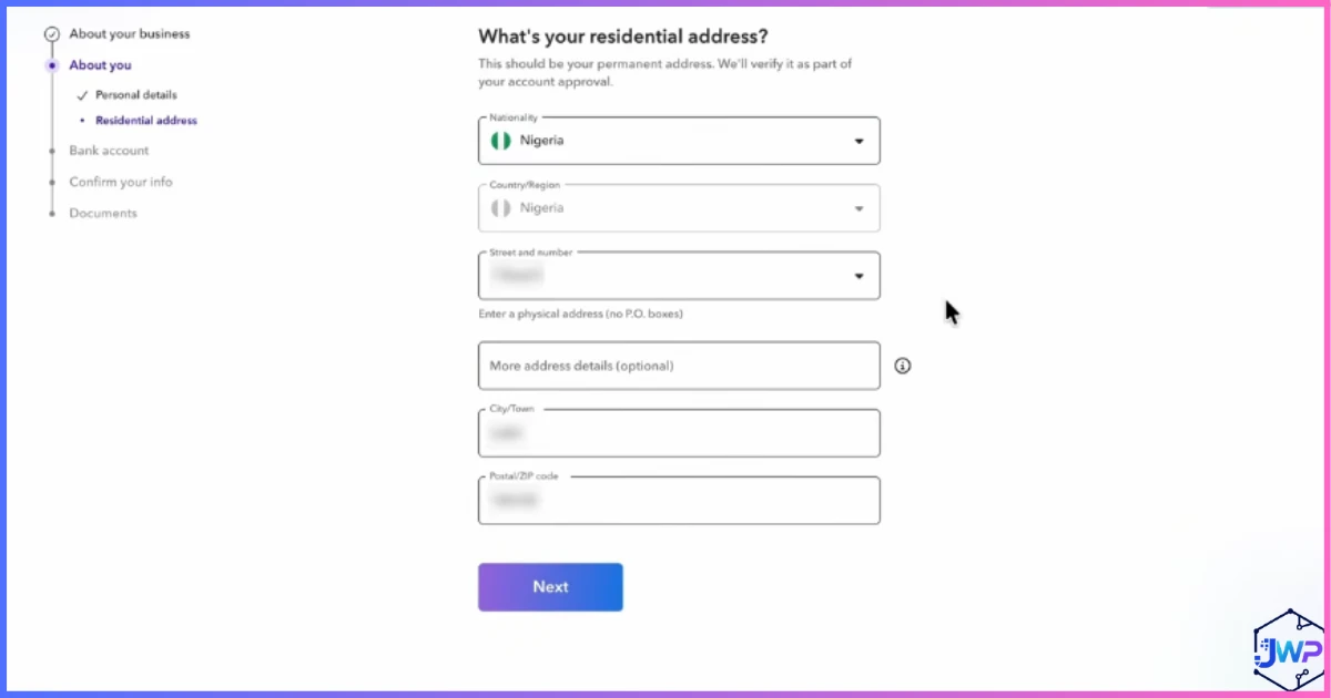 Payoneer enter your residential address screen