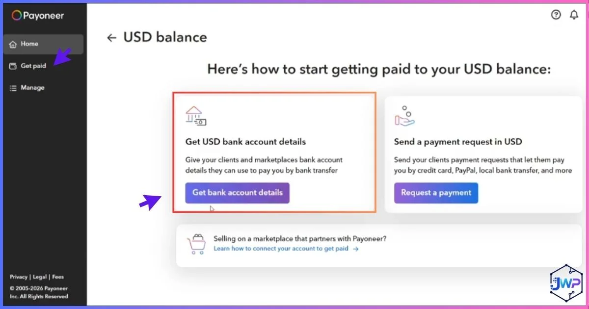 Payoneer go to Get Paid to get your bank account details screen