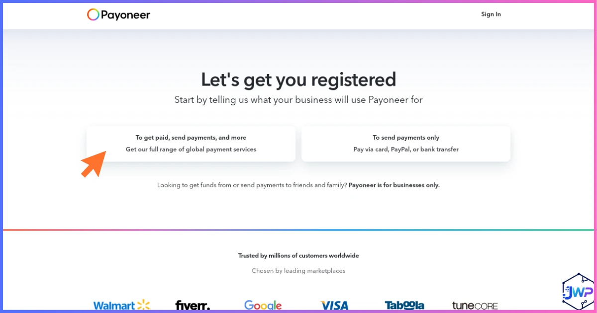 Payoneer let's get you registered screen
