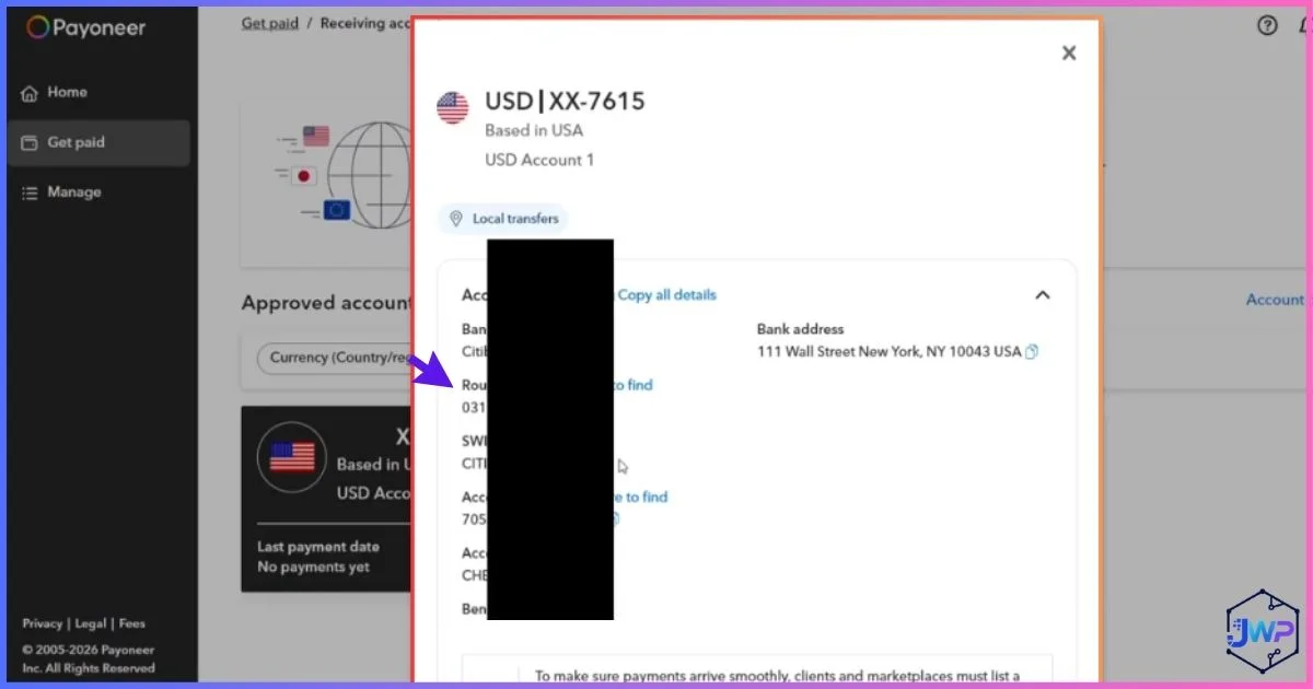 Payoneer copy your bank details including routing number screen
