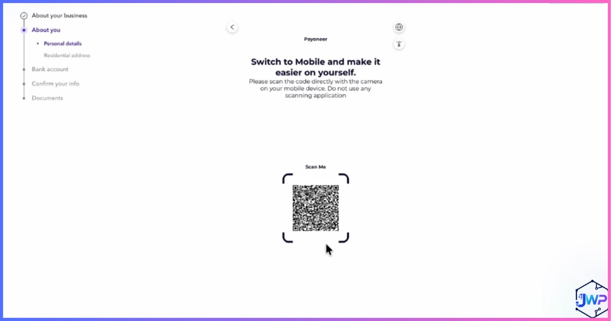 Payoneer scan QR code to complete identity verification on mobile screen