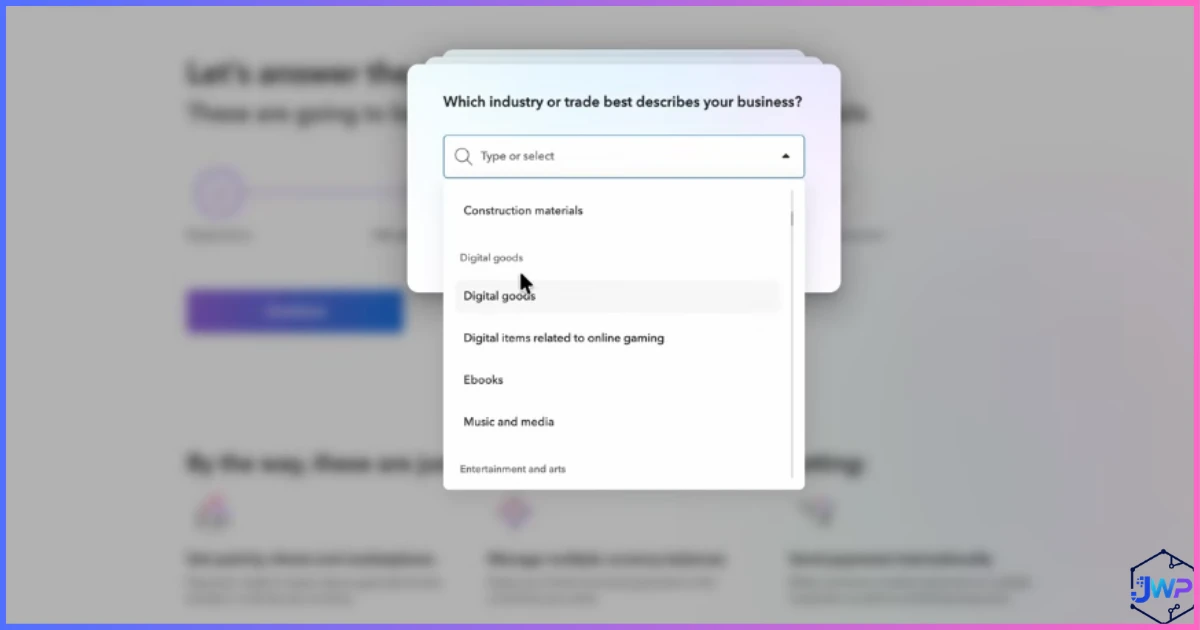 Payoneer select industry screen