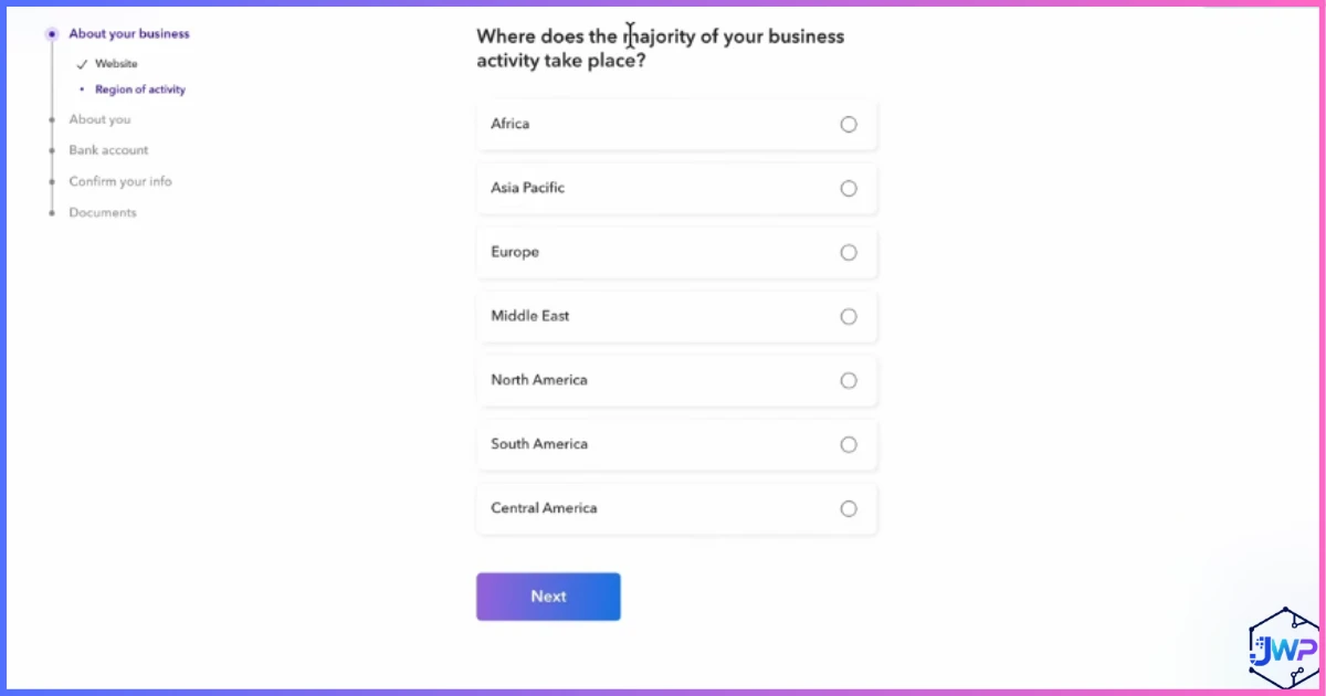 Payoneer select location where majority of business takes place screen