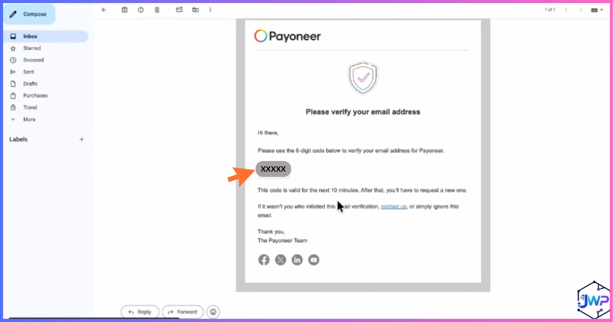 Payoneer verification code email in inbox