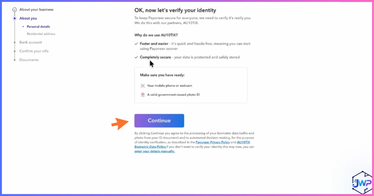Payoneer verify your identity screen