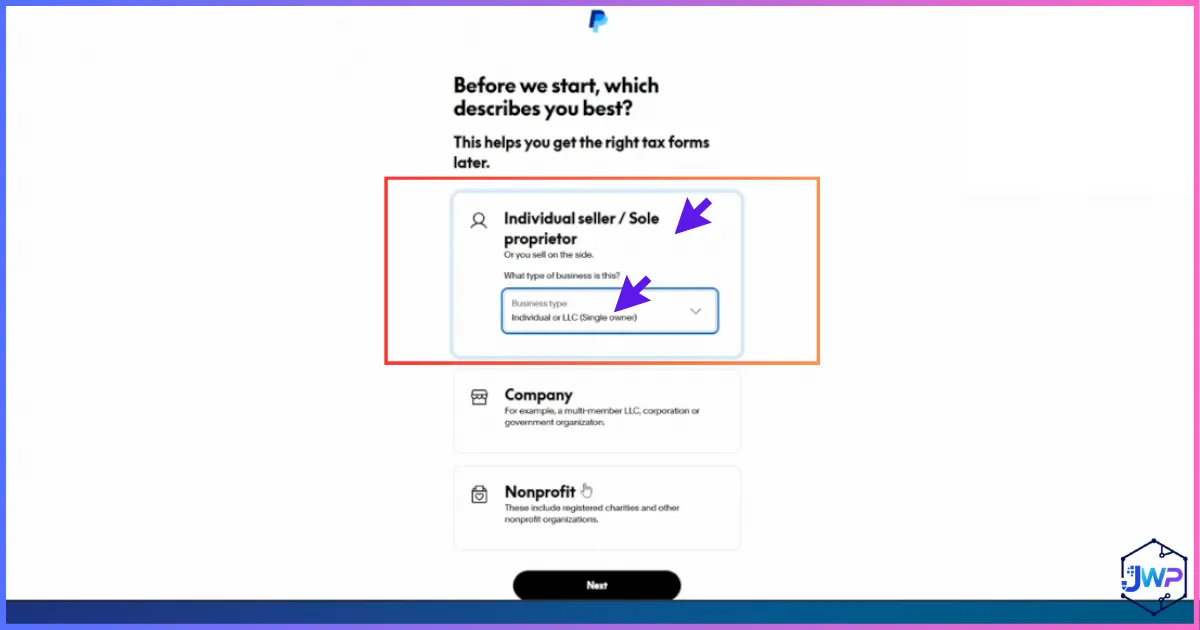 Choose business type for tax purposes in PayPal