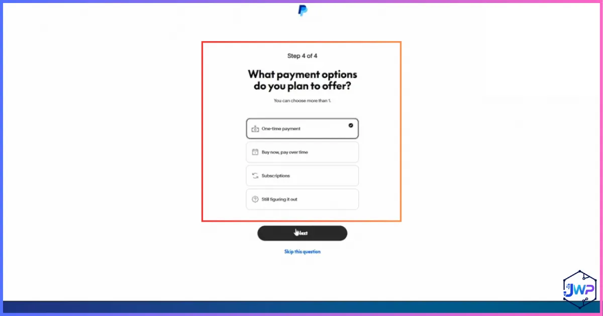Choose payment option in PayPal Business setup