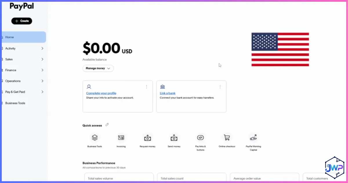 PayPal Business dashboard after account setup