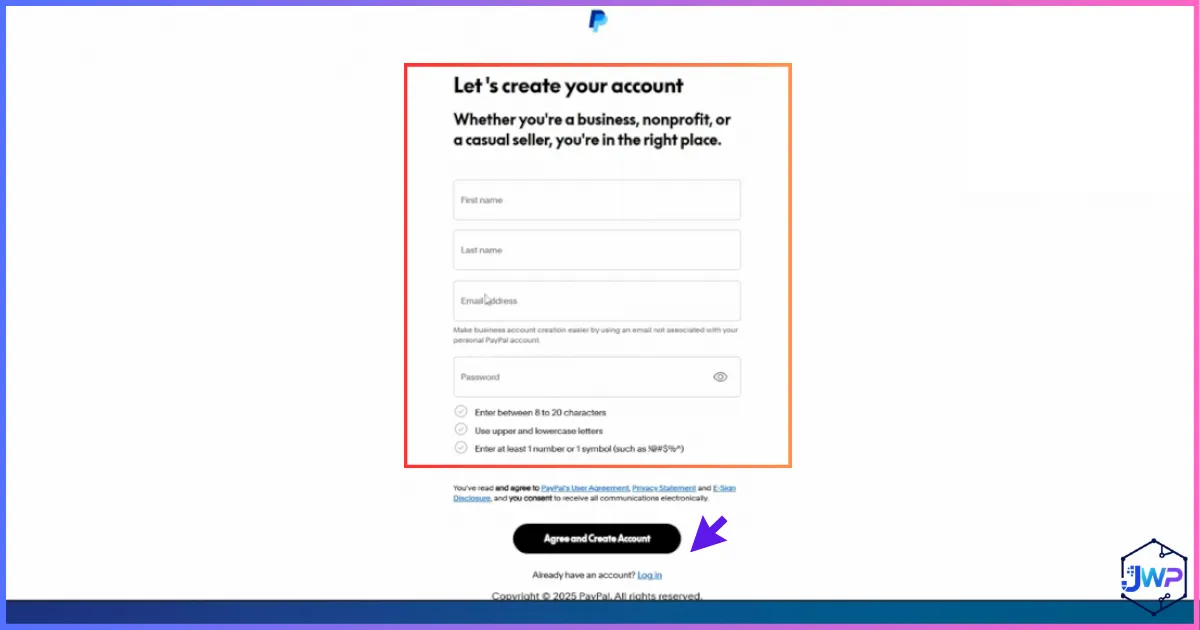 Enter account details in PayPal Business setup