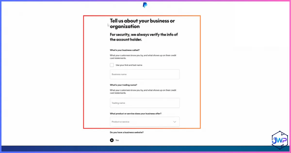 Enter business information in PayPal Business setup