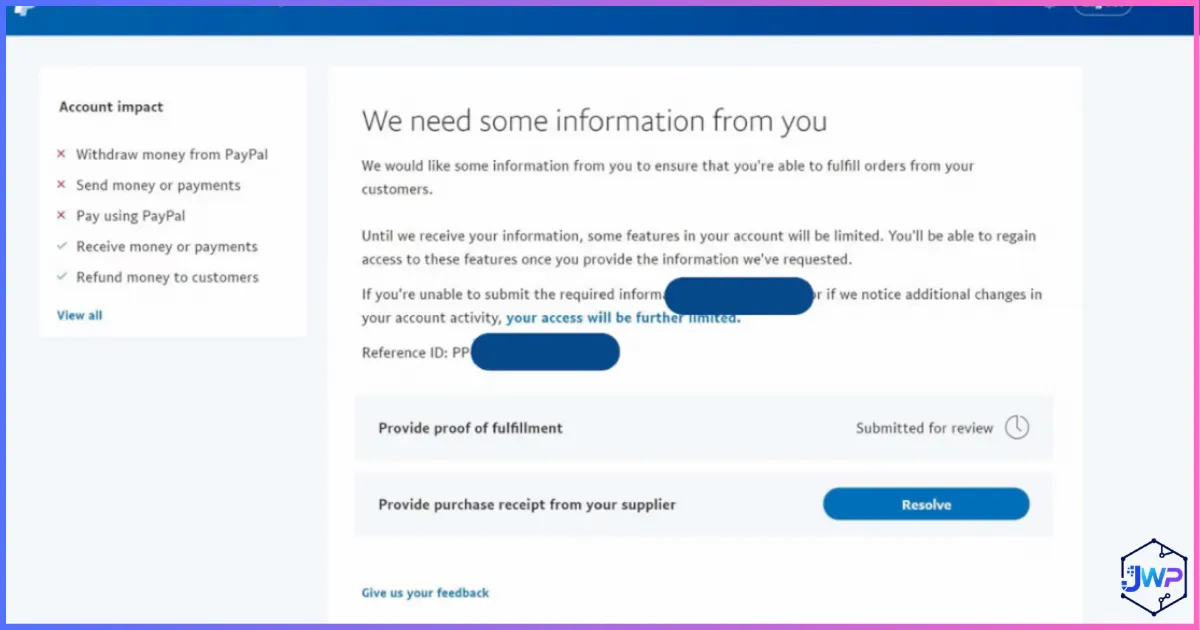 PayPal may require additional information screen