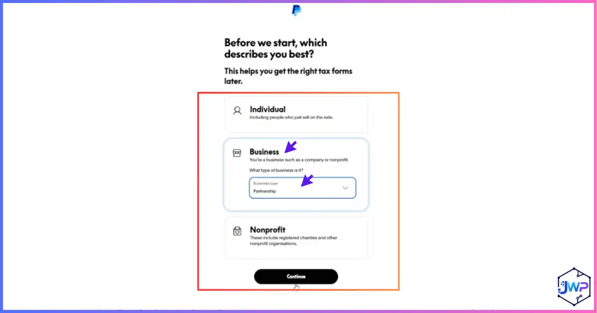 PayPal Business UK step 8: choose company then partnership as business type for tax purposes