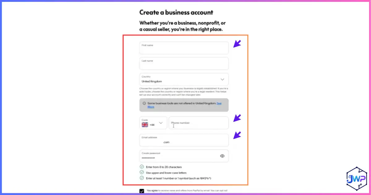 PayPal Business UK step 9: enter phone number and registered agent address details