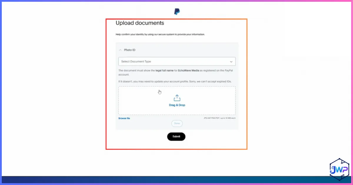Upload documents for PayPal Business verification