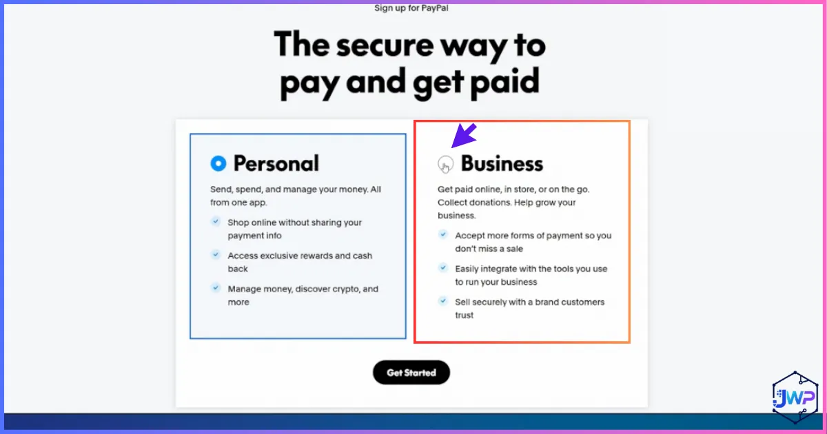 PayPal Business signup step one