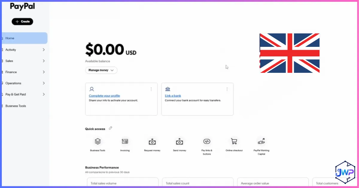 UK PayPal Business account dashboard after initial setup