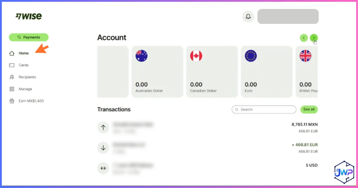 Wise account dashboard home screen