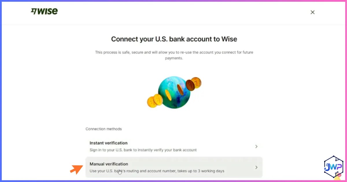 Wise connect bank account through manual verification method screen