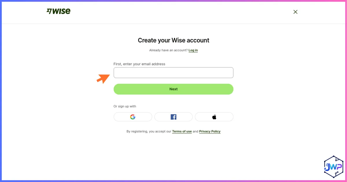 Create Wise account screen