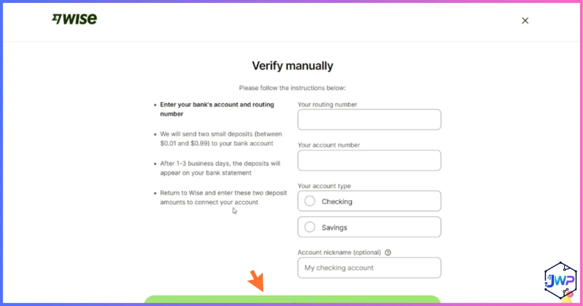 Wise enter bank manual verification details screen