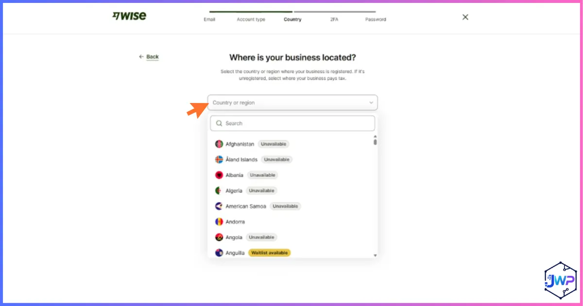 Wise where is your business located screen