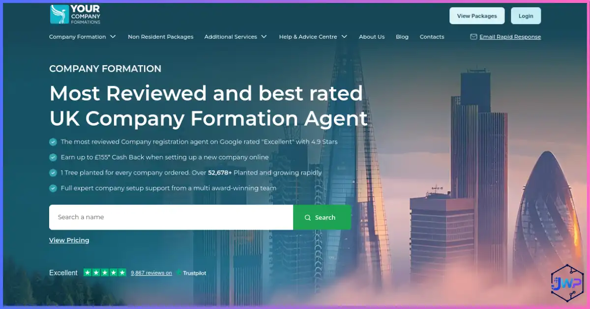 Your Company Formations homepage review screenshot showing UK company formation services and package navigation