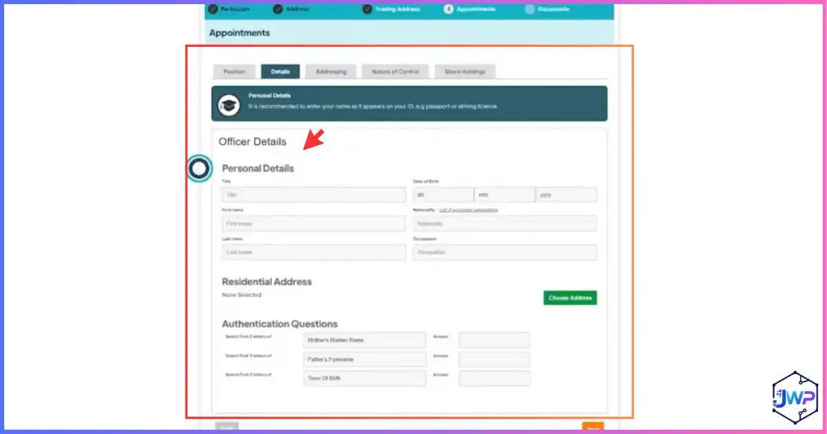 Your Company Formations review step 10 — fill director personal details and authentication questions