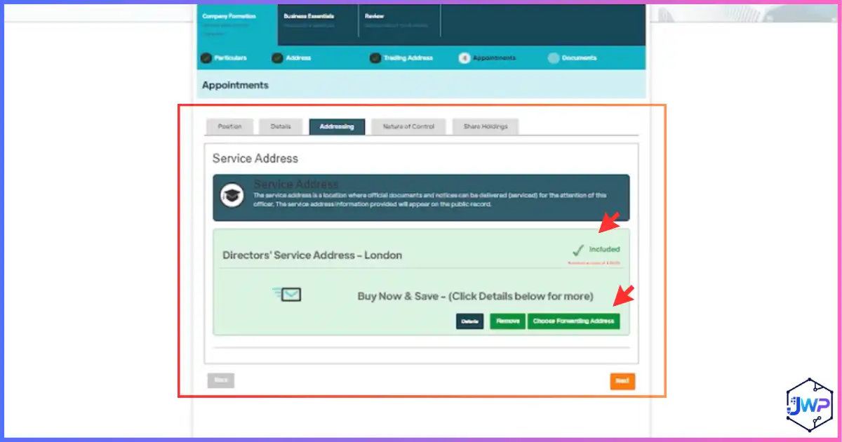 Your Company Formations review step 11 — choose director service address and add forwarding address