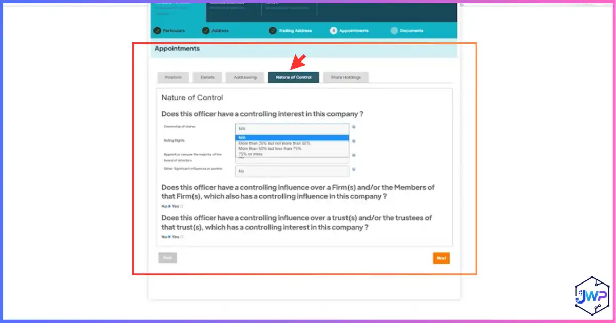 Your Company Formations review step 12 — choose nature of control by shares owned for PSC register