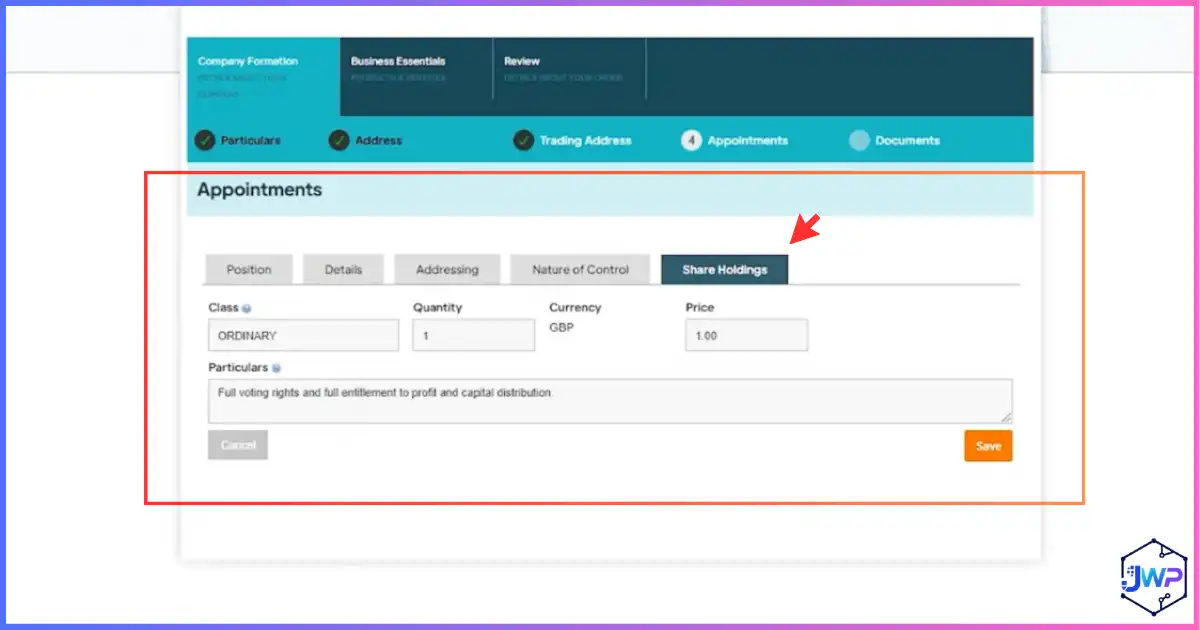 Your Company Formations review step 13 — specify share nominal value and quantity allotted