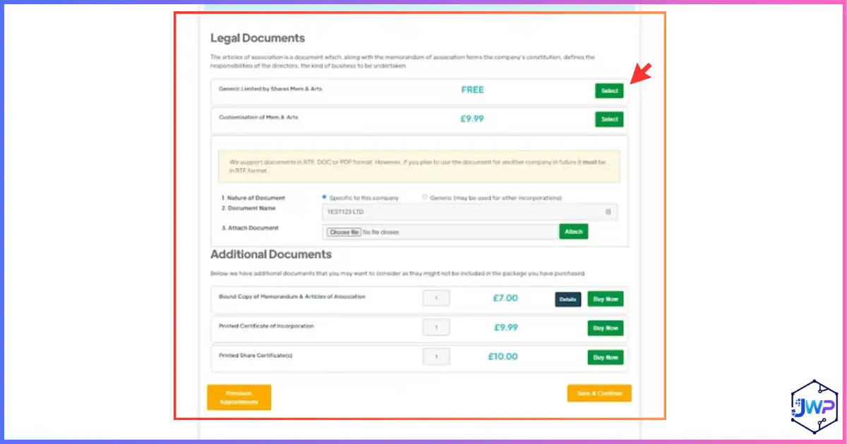 Your Company Formations review step 14 — choose free model memorandum and articles of association