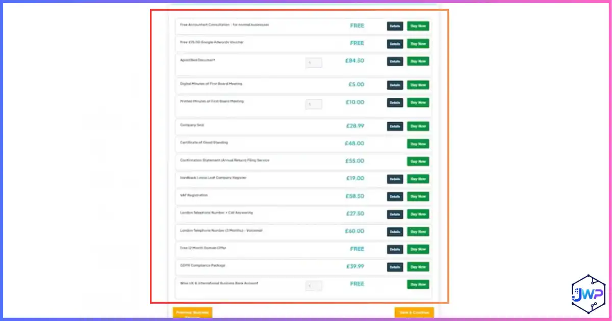 Your Company Formations review step 15 — optional extras section where buyers should avoid unnecessary upsells
