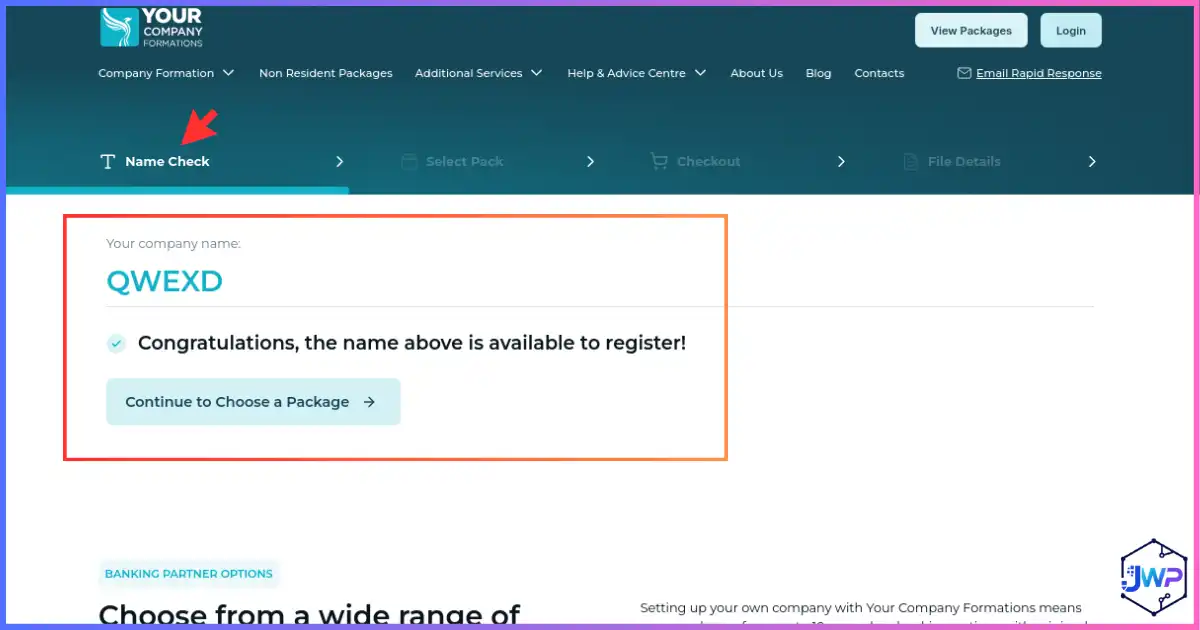 Your Company Formations review step 3 — name available, proceed to select a UK limited company package