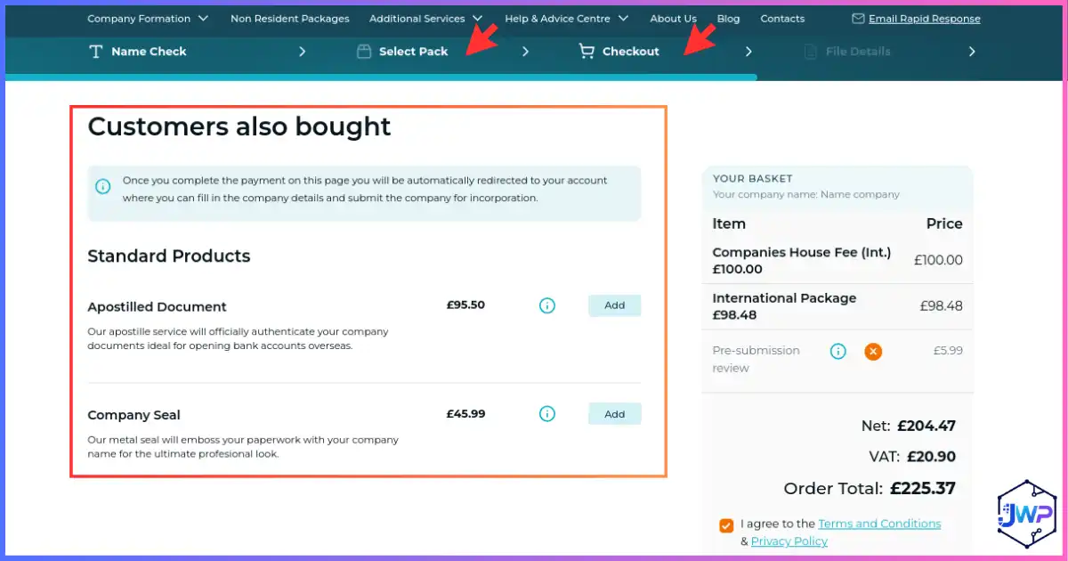 Your Company Formations review step 4 — checkout page with order summary for company formation package