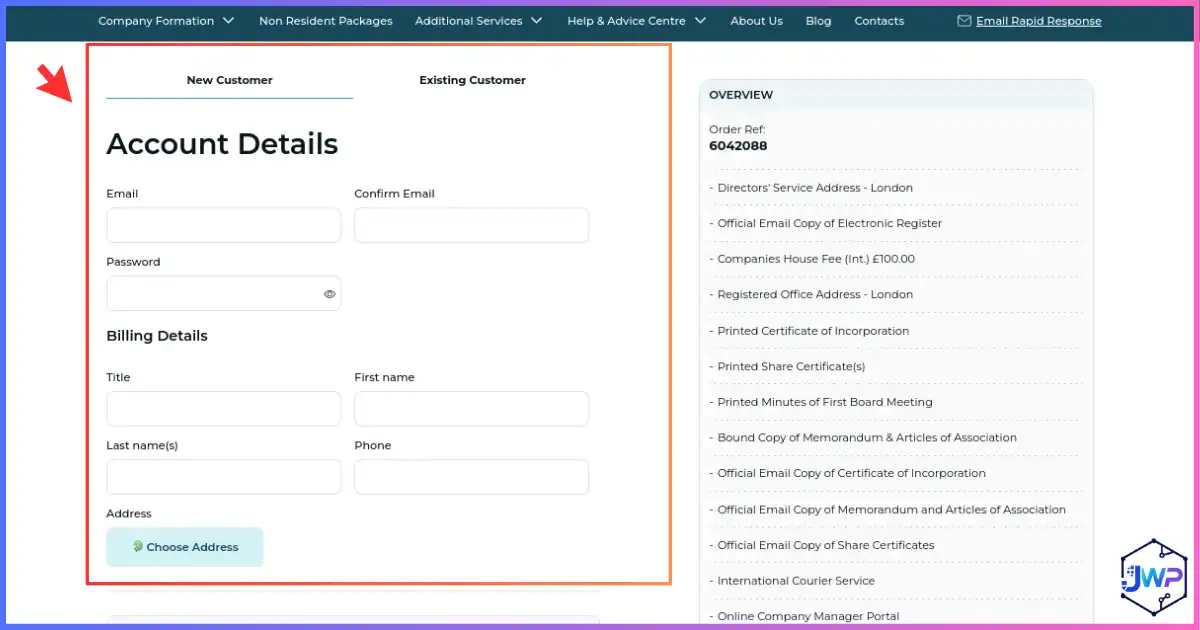 Your Company Formations review step 5 — create account to complete checkout and access company manager portal