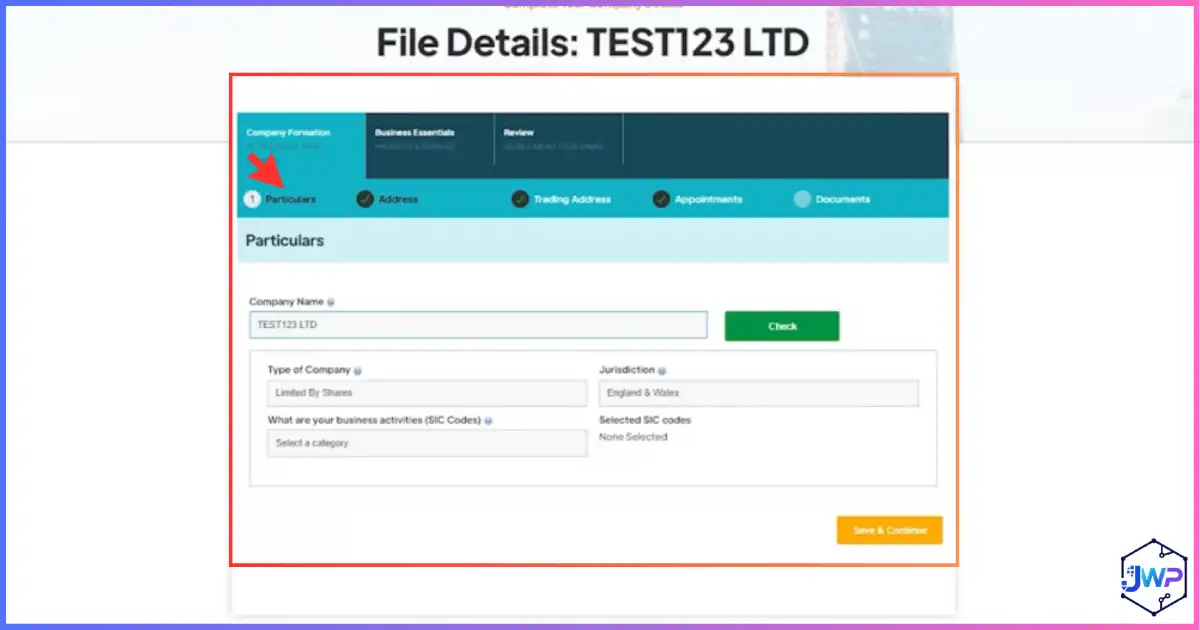 Your Company Formations review step 6 — company particulars and file details including jurisdiction and Ltd ending
