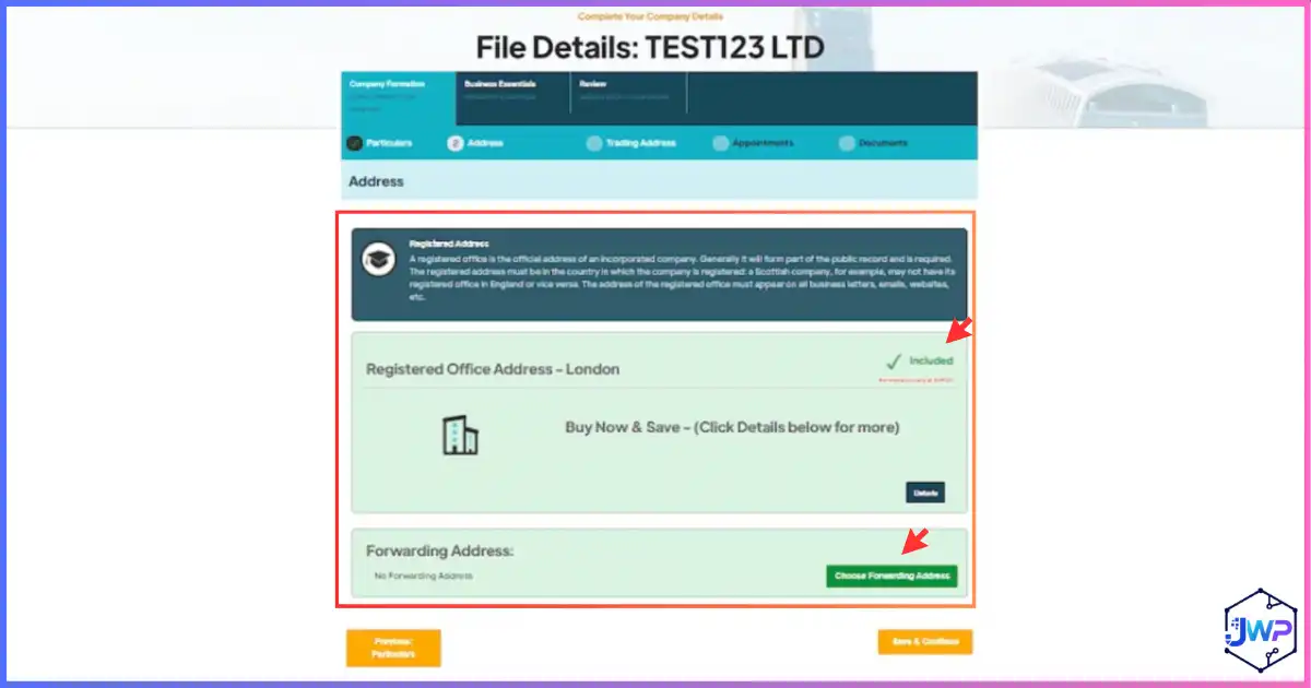 Your Company Formations review step 7 — add registered office from package and personal forwarding address for non-residents