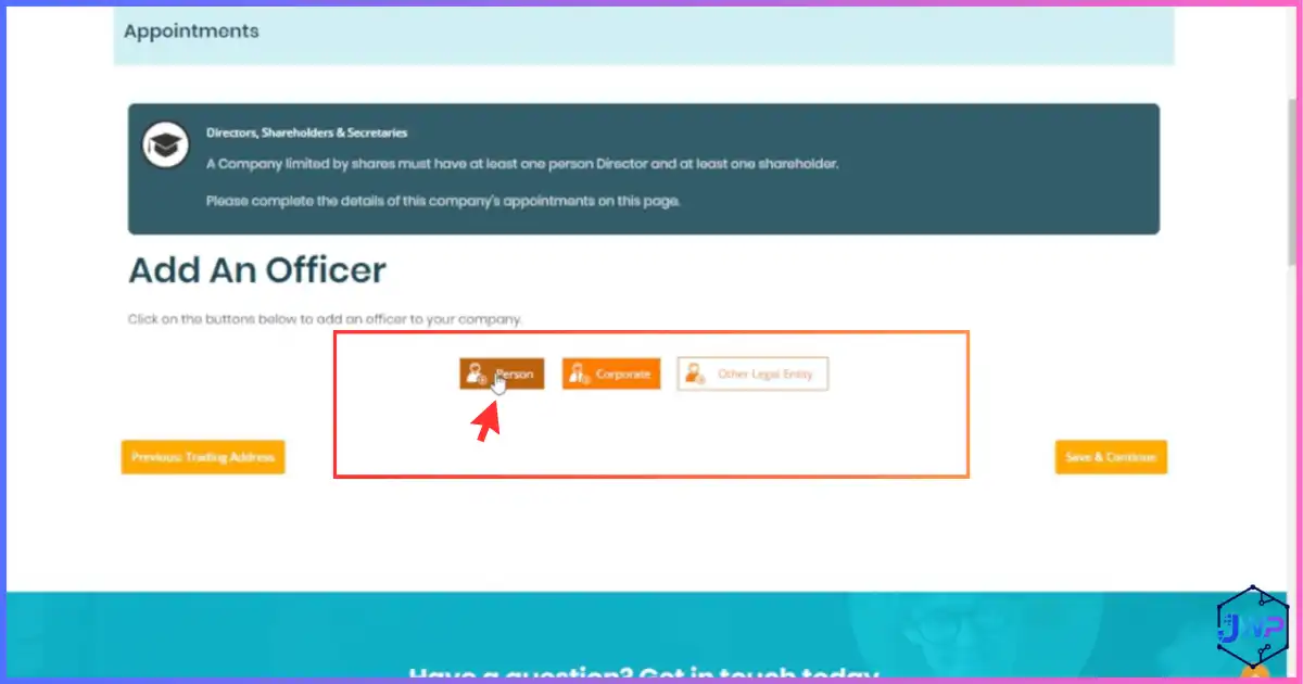 Your Company Formations review step 8 — add an officer to begin director shareholder and PSC data entry