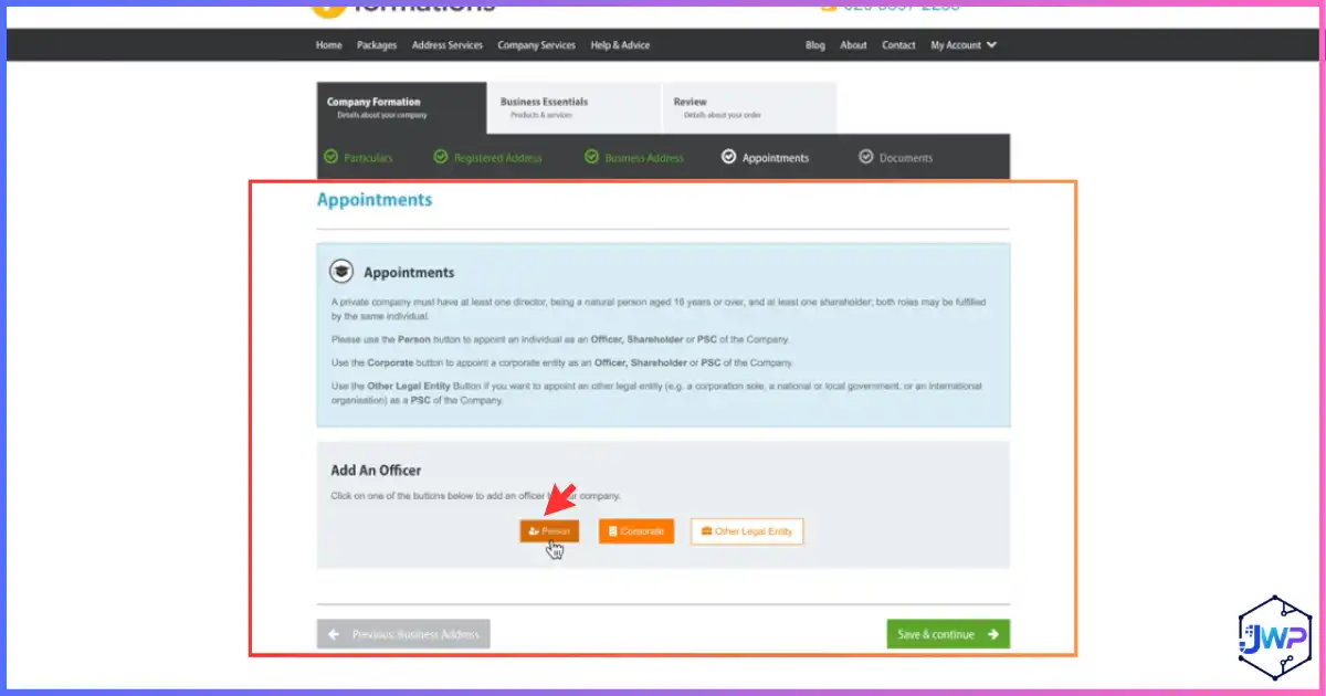 1st Formations LTD step 10 appointments page