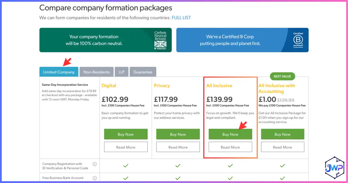 1st Formations limited company step 3: choose a UK limited company formation package