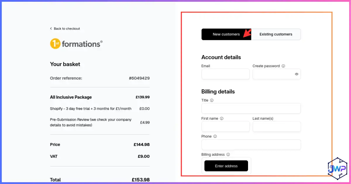 1st Formations LTD step 5 create account to complete payment