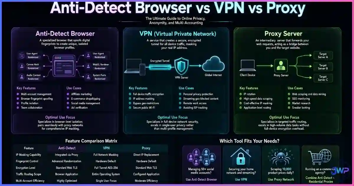 Anti-Detect Browser vs VPN vs Proxy