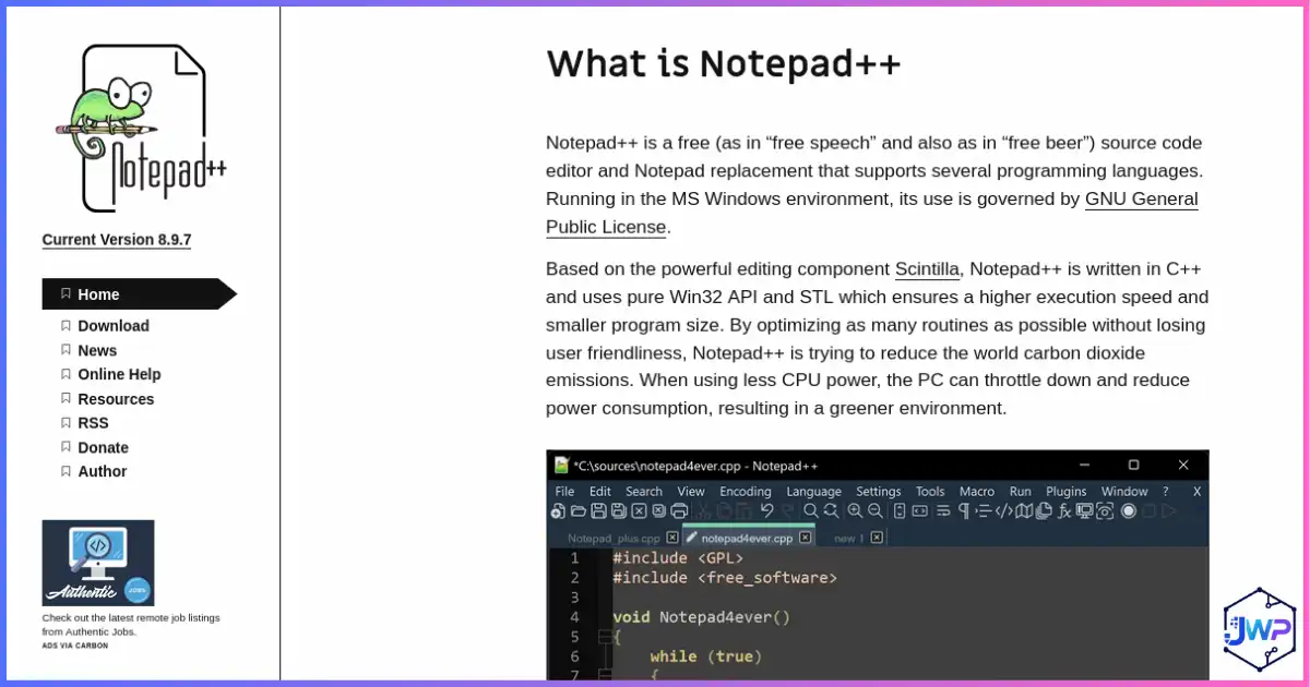 Notepad++ lightweight Windows source code editor