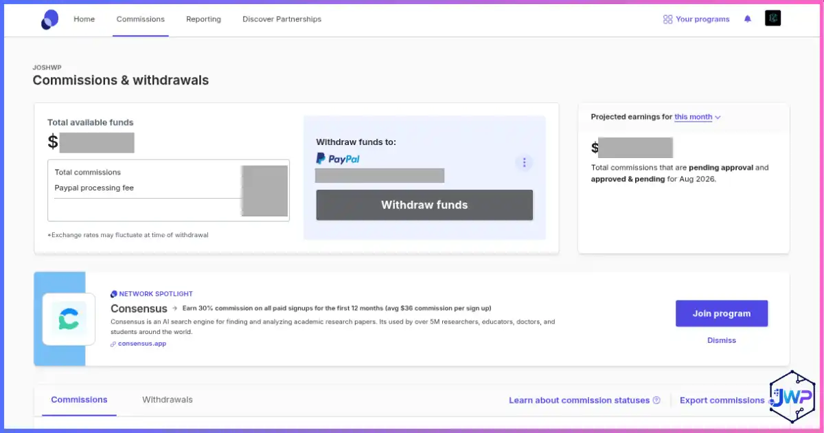 PartnerStack commission and withdraw page for partner earnings