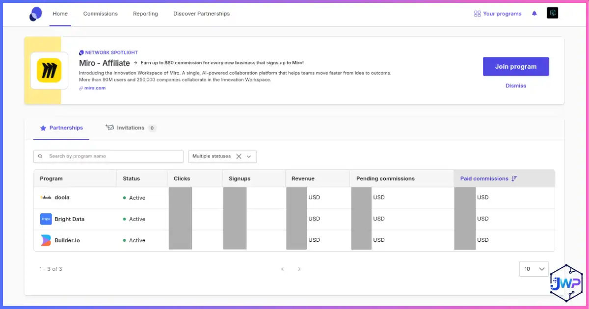 PartnerStack dashboard for affiliate partner management