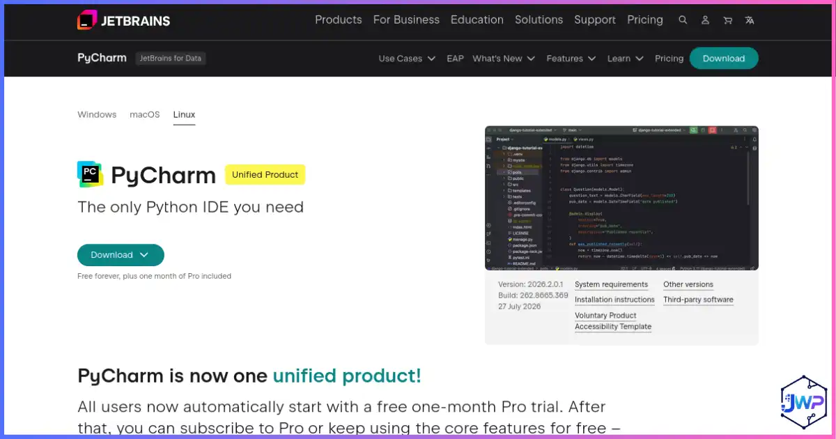 PyCharm Python IDE interface for web data and AI development