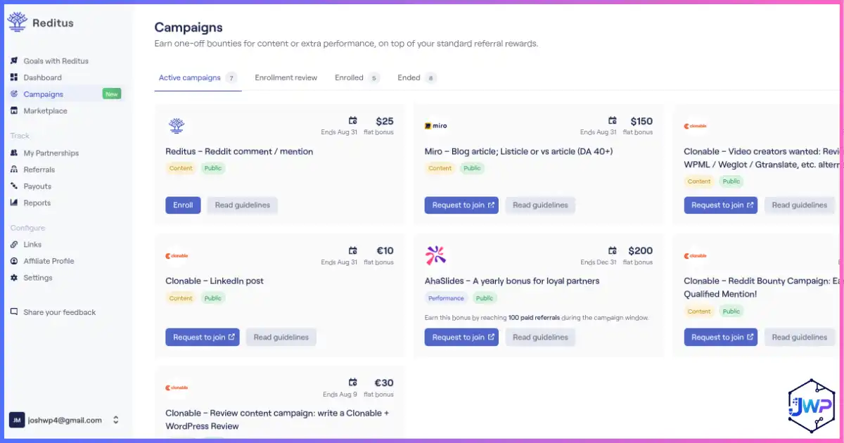Reditus campaigns page showing one-off bounties and extra performance rewards