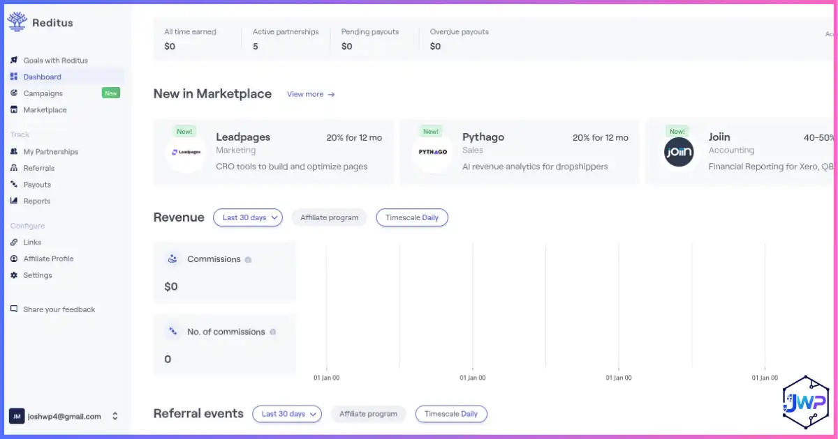 Reditus dashboard overview for SaaS affiliate tracking