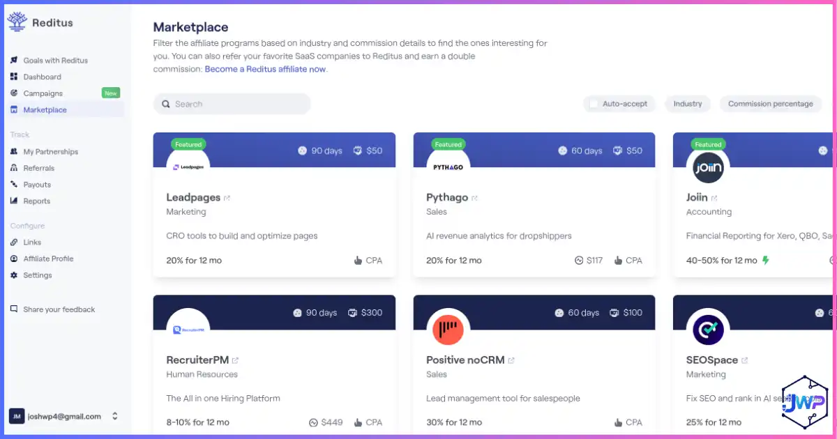 Reditus marketplace page for discovering B2B SaaS affiliate programs